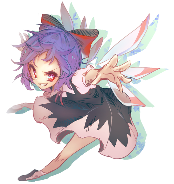 Anime picture 1023x1085 with touhou cirno keemoringo single tall image short hair simple background smile red eyes white background looking away purple hair shadow symbol-shaped pupils spread arms smirk alternate color >:) girl dress
