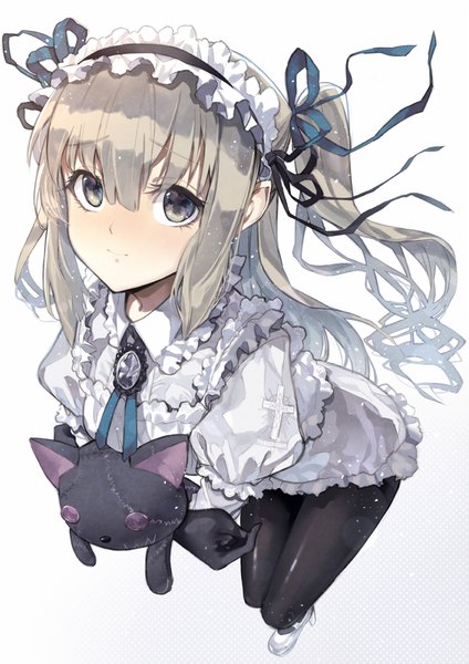 Anime picture 706x1000 with original dekappara futoriusu single long hair tall image simple background white background light smile from above grey hair black eyes two side up lolita fashion girl gloves ribbon (ribbons) hair ribbon pantyhose black gloves hairband