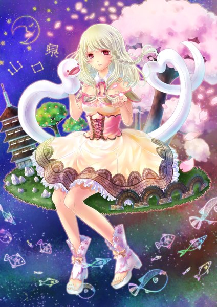Anime picture 1000x1414 with original kasugaya single tall image looking at viewer blush red eyes sitting braid (braids) barefoot lips cherry blossoms girl flower (flowers) plant (plants) animal petals tree (trees) shoes star (stars)