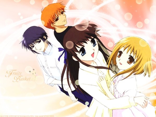 Anime picture 1280x960 with fruits basket studio deen honda tooru souma kyou souma yuki open mouth blonde hair red eyes brown hair brown eyes purple hair orange hair hug group back to back