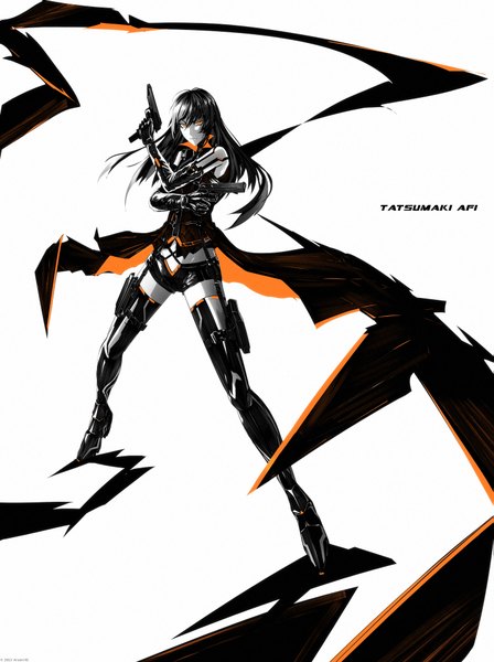 Anime picture 1495x2000 with original arsenixc single long hair tall image black hair simple background white background bare shoulders holding inscription orange eyes monochrome dual wielding girl gloves weapon elbow gloves shorts gun