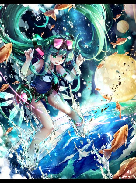 Anime picture 746x1000 with vocaloid hatsune miku ninjinshiru single long hair tall image fringe open mouth twintails green eyes bent knee (knees) barefoot aqua hair bare legs looking down happy glow girl swimsuit animal