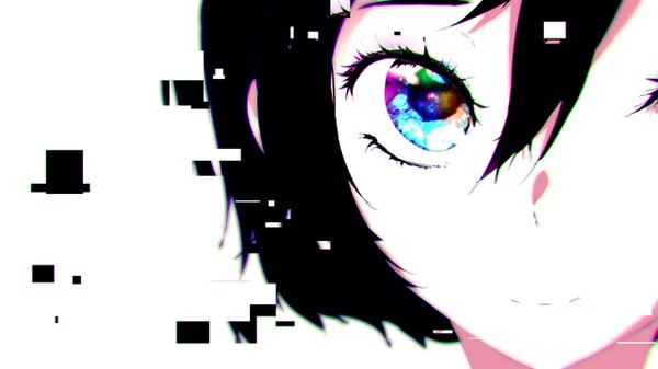 Anime picture 2560x1440 with original tom skender single looking at viewer fringe highres short hair black hair simple background smile hair between eyes wide image white background reflection close-up multicolored eyes girl pixels