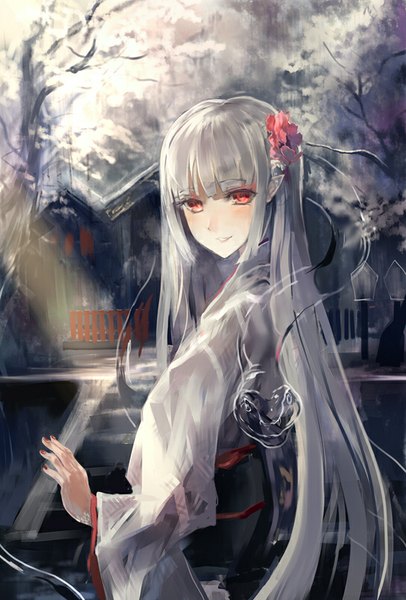 Anime picture 542x800 with original makai no juumin single long hair tall image looking at viewer blush fringe smile red eyes standing nail polish traditional clothes japanese clothes looking back hair flower fingernails pointy ears grey hair sunlight