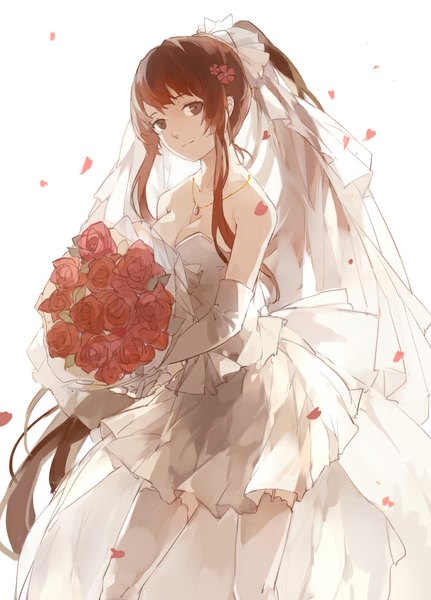Anime picture 700x974 with kantai collection yamato super battleship nine (liuyuhao1992) single tall image fringe simple background smile brown hair standing white background bare shoulders holding brown eyes ponytail very long hair hair flower sleeveless girl thighhighs