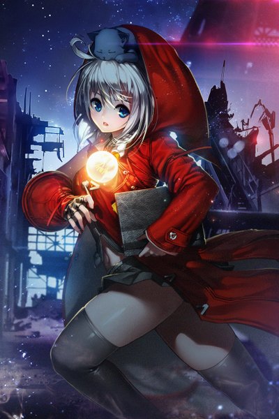 Anime picture 1000x1500 with original rheez (artist) single tall image looking at viewer short hair open mouth blue eyes silver hair girl thighhighs skirt gloves black thighhighs miniskirt animal fingerless gloves hood cat coat