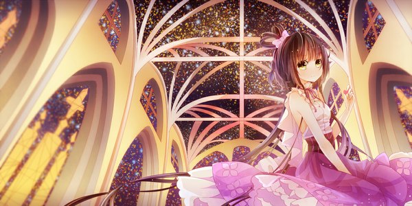 Anime picture 1000x500 with vocaloid vocaloid china luo tianyi karei (pixiv 3289464 ) single long hair looking at viewer smile brown hair wide image bare shoulders yellow eyes girl dress flower (flowers) ribbon (ribbons) bow hair bow heart star (stars)