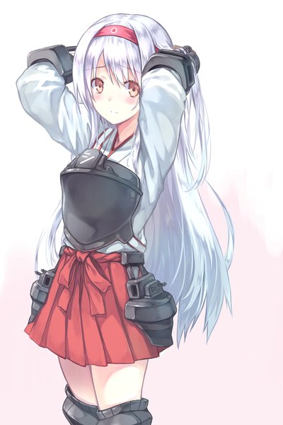 Anime picture 1000x1497 with kantai collection shoukaku aircraft carrier shoukaku (kantai collection) hiten (hitenkei) single long hair tall image looking at viewer blush fringe simple background yellow eyes white hair adjusting hair arms behind head girl skirt miniskirt hairband armor