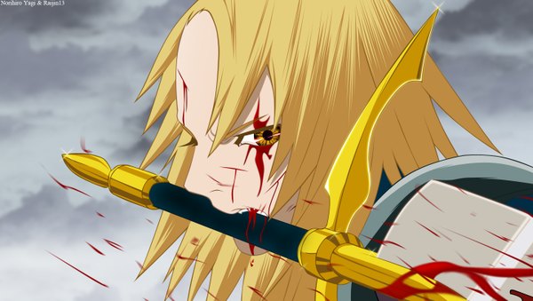 Anime picture 1440x814 with claymore madhouse miria raijin13 single long hair blonde hair wide image brown eyes sky cloud (clouds) coloring face girl weapon sword blood
