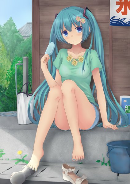 Anime picture 1200x1697 with vocaloid hatsune miku tf (tfx2) single tall image looking at viewer blush blue eyes sitting twintails very long hair barefoot aqua hair girl food shorts sweets bag t-shirt ice cream