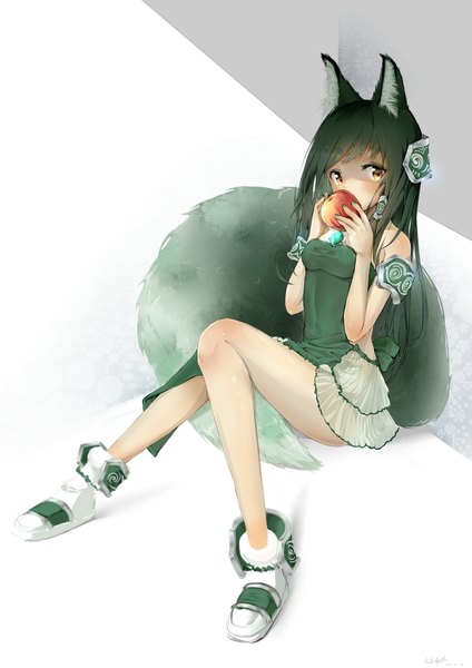 Anime picture 2480x3507 with original futoshi ame single long hair tall image looking at viewer blush fringe highres breasts black hair simple background white background sitting brown eyes animal ears bent knee (knees) tail animal tail shadow