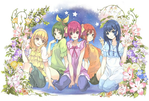 Anime picture 1179x800 with precure smile precure! toei animation aoki reika kise yayoi midorikawa nao hoshizora miyuki hino akane (smile precure!) toromi chuka long hair looking at viewer blush short hair open mouth blue eyes blonde hair smile red eyes multiple girls green eyes