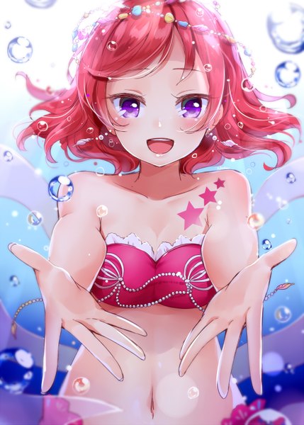 Anime picture 1000x1399 with love live! school idol project sunrise (studio) love live! nishikino maki hazuki natsu single tall image looking at viewer blush short hair open mouth smile purple eyes bare shoulders upper body red hair :d fingernails sunlight bare belly
