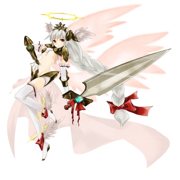 Anime picture 1250x1250 with puzzle & dragons valkyrie (p&d) single long hair looking at viewer blush simple background red eyes white background braid (braids) grey hair single braid head wings thighhighs hair ornament bow ribbon (ribbons) weapon hair bow hair ribbon
