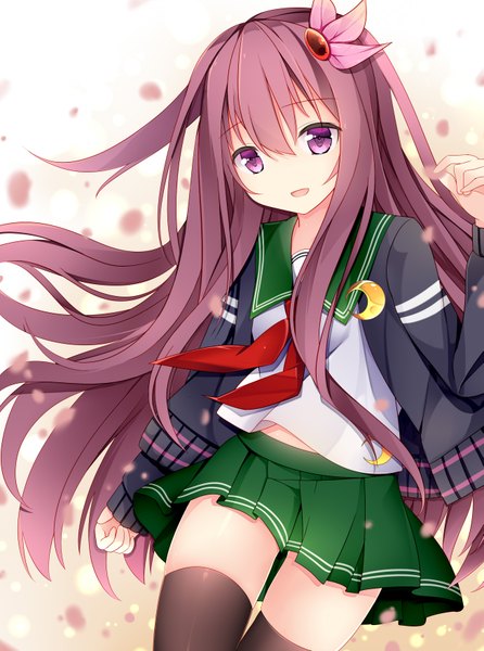 Anime picture 2609x3507 with kantai collection kisaragi destroyer jyt single tall image looking at viewer highres open mouth purple eyes purple hair very long hair zettai ryouiki remodel (kantai collection) girl thighhighs skirt uniform hair ornament black thighhighs miniskirt