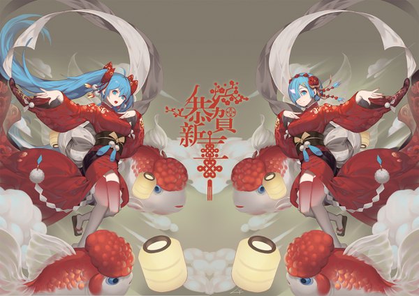 イラスト 2500x1768 と re:ゼロから始める異世界生活 ボーカロイド white fox 初音ミク レム(リゼロ) 炼妖 カメラ目線 前髪 highres 短い髪 おっぱい 開いた口 青い目 笑顔 hair between eyes ツインテール multiple girls 青い髪 アホ毛 long sleeves