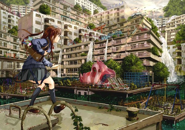 Anime picture 1100x777 with original kato fumitaka single long hair fringe blue eyes brown hair holding sky cloud (clouds) pleated skirt sunlight city light cityscape walking girl skirt uniform plant (plants)