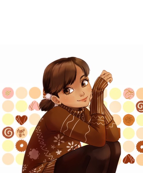 Anime picture 827x1000 with original meago (artist) single tall image fringe short hair smile brown hair brown eyes looking away lips eyebrows girl food sweets sweater chocolate