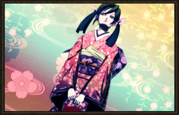 Anime picture 1599x1029 with mubouou aasaa green eyes japanese clothes green hair kimono