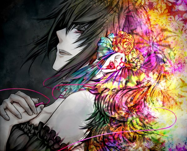 Anime picture 1500x1214 with original yanagi (shyd31) open mouth black hair bare shoulders pink eyes girl flower (flowers) headphones wire (wires)