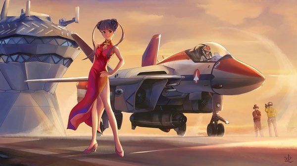 Anime picture 1920x1078 with macross the super dimension fortress macross macross zero lynn minmay vf-1 ichijou hikaru vf-1 super asuka ii zhangdiwaa long hair fringe highres short hair black hair wide image standing twintails green eyes signed sky