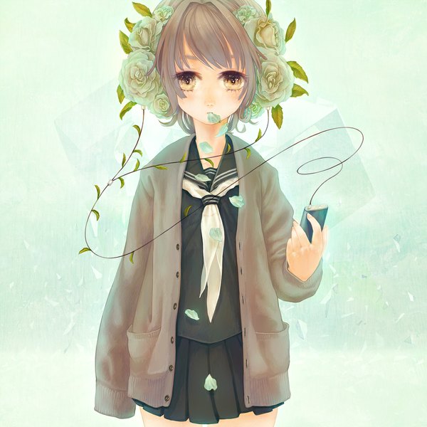 Anime picture 1022x1022 with original manbou no suiso single fringe short hair simple background brown hair standing holding yellow eyes long sleeves pleated skirt hair flower mouth hold girl skirt uniform hair ornament flower (flowers) miniskirt