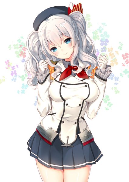 Anime picture 700x989 with kantai collection kashima training cruiser nunucco single long hair tall image looking at viewer blush fringe breasts blue eyes simple background smile white background twintails silver hair white hair head tilt pleated skirt arms up