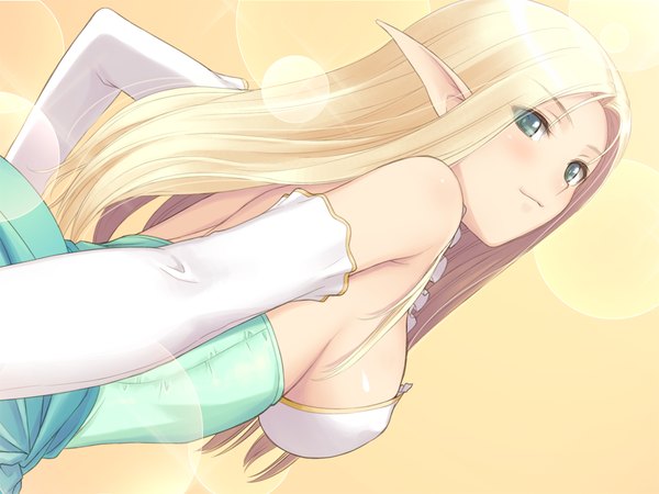 Anime picture 1024x768 with fault!! date wingfield reiko tony taka long hair breasts light erotic blonde hair green eyes game cg pointy ears elf girl dress gloves elbow gloves