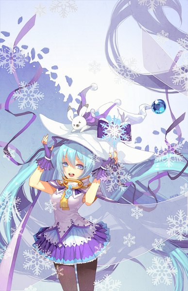 Anime picture 1024x1588 with vocaloid suki! yuki! maji magic (vocaloid) hatsune miku yuki miku rabbit yukine yuki miku (2014) single long hair tall image open mouth blue eyes twintails blue hair very long hair girl skirt gloves ribbon (ribbons) hair ribbon hat