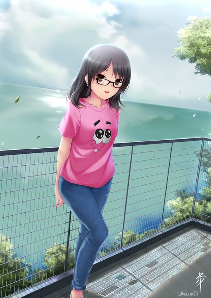 Anime picture 1200x1695 with original kopianget single long hair tall image open mouth black hair smile brown eyes sky cloud (clouds) girl plant (plants) tree (trees) glasses sea leaf (leaves) jeans