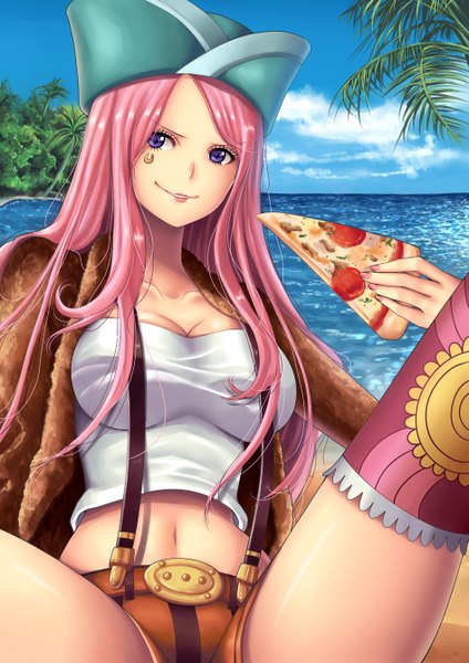 Anime picture 945x1336 with one piece toei animation jewelry bonnie yumiyokiak single long hair tall image looking at viewer blue eyes pink hair light smile girl thighhighs navel hat food jacket shorts sea pizza