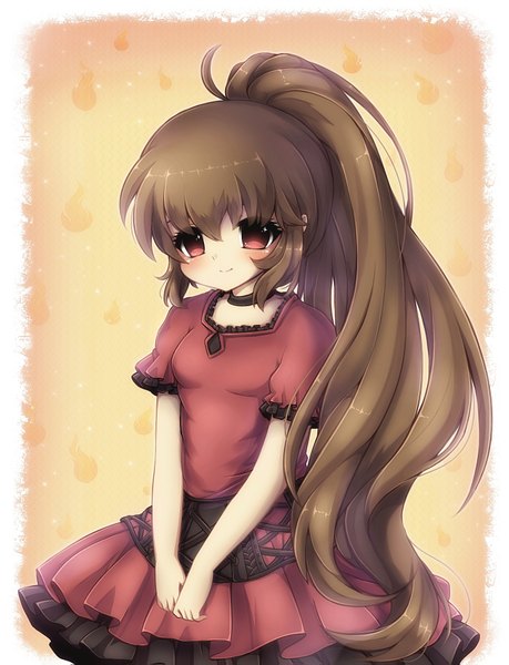 Anime picture 1302x1703 with midna01 single long hair tall image blush fringe red eyes brown hair ponytail light smile short sleeves framed girl dress