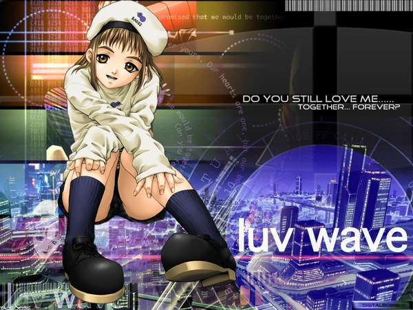 Anime picture 1024x768 with light erotic brown hair sitting yellow eyes wallpaper city cityscape socks alive (luv wave) esaki minoru luv wave