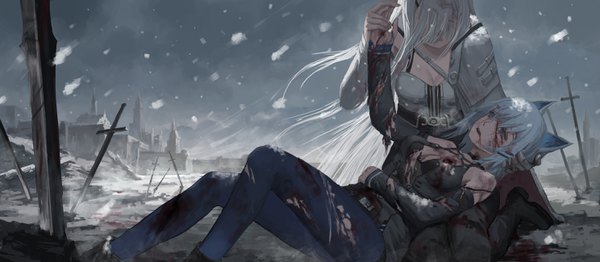 Anime picture 2976x1300 with battlefield original pixiv fantasia pixiv fantasia revenge of the darkness xukong long hair fringe highres breasts blue eyes wide image bare shoulders multiple girls animal ears cleavage silver hair bent knee (knees) outdoors white hair lying