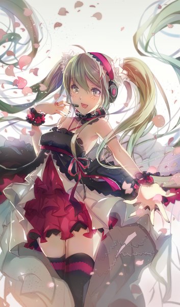 Anime picture 942x1598 with 7th dragon vocaloid hatsune miku shadowsinking single tall image looking at viewer blush smile twintails green eyes very long hair green hair finger to mouth girl thighhighs dress black thighhighs headphones