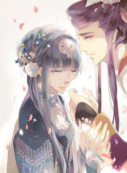 Anime picture 699x951 with jinguang budaixi comai long hair tall image fringe blue eyes smile yellow eyes blue hair purple hair traditional clothes profile hair flower mole leaning leaning forward mole under eye tears turning head holding hands