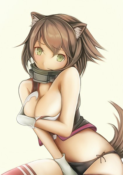Anime picture 704x1000 with kantai collection mutsu battleship nannacy7 single tall image looking at viewer short hair breasts light erotic simple background brown hair white background bare shoulders green eyes animal ears tail animal tail kemonomimi mode girl navel