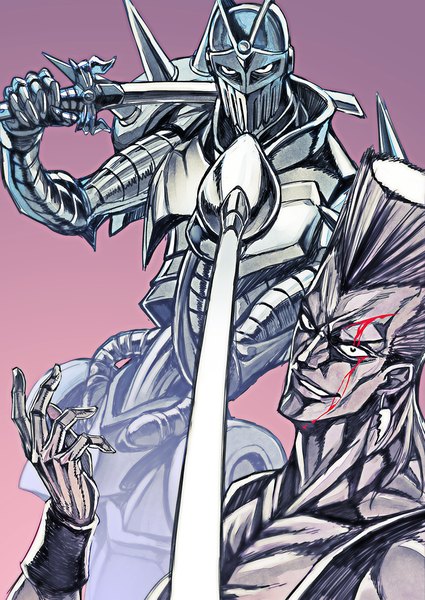 Anime picture 850x1200 with jojo no kimyou na bouken jean pierre polnareff silver chariot anubis (stand) matsuryuu tall image looking at viewer simple background holding black eyes multiple boys gradient background dual wielding boy weapon sword armor blood 2 boys