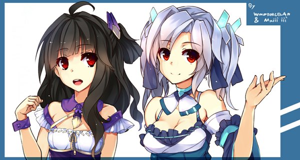 Anime picture 1165x624 with original windforcelan long hair breasts black hair smile red eyes wide image multiple girls looking away silver hair girl dress 2 girls