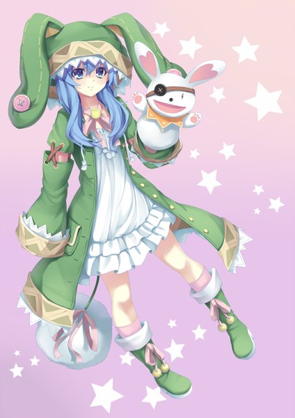 Anime picture 1000x1414 with date a live yoshino (date a live) yoshinon sonikey0 0 single long hair tall image looking at viewer blush blue eyes blue hair girl dress boots hood toy stuffed animal