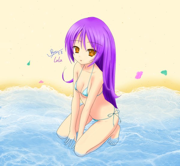 Anime picture 2414x2230 with league of legends lulu (league of legends) ryu seung (artist) single long hair looking at viewer highres light erotic brown eyes purple hair beach sand girl swimsuit bikini sea