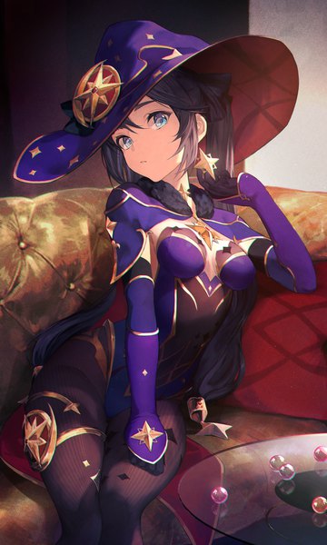 Anime picture 3000x5000 with genshin impact mona megistus shirataki jiro single long hair tall image looking at viewer highres blue eyes light erotic black hair sitting twintails girl gloves hat detached sleeves earrings pantyhose black gloves