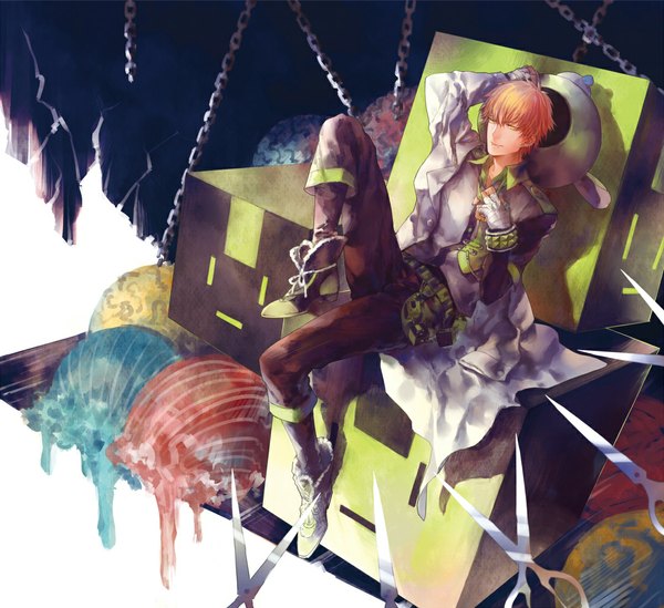Anime picture 1114x1020 with dramatical murder nitro+chiral noiz (dmmd) w w w wloveless looking at viewer short hair blonde hair sitting yellow eyes light smile piercing open collar boy boots chain bandage (bandages) scissors safety pin