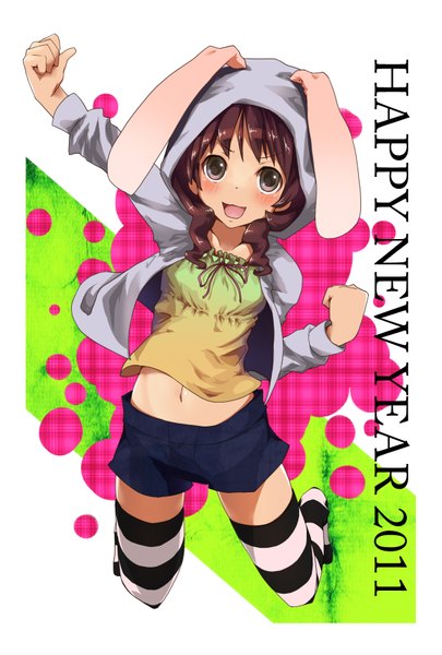 Anime picture 1181x1748 with original yoo (tabi no shiori) single long hair tall image blush smile brown hair brown eyes animal ears full body barefoot inscription bunny ears jumping girl thighhighs navel shorts hood