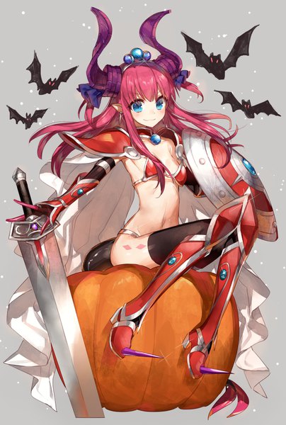 Anime picture 674x1000 with fate (series) fate/extra fate/extra ccc elizabeth bathory (fate) (all) elizabeth bathory (brave) (fate) chocoan single long hair tall image looking at viewer blush blue eyes light erotic simple background smile sitting holding payot bent knee (knees) red hair