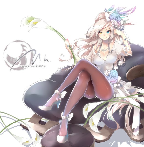 Anime picture 1000x1023 with original plastick single long hair tall image looking at viewer sitting white hair hair flower heterochromia crossed legs girl dress hair ornament flower (flowers) pantyhose