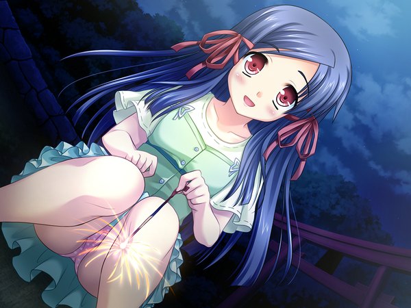 Anime picture 1200x900 with natsuiro penguin light erotic red eyes blue hair game cg night pantyshot pantyshot sitting girl dress ribbon (ribbons)