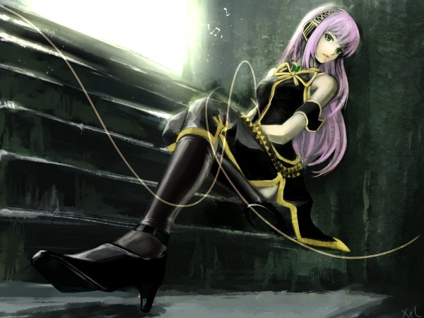 Anime picture 2400x1800 with vocaloid megurine luka highres green eyes pink hair girl stairs