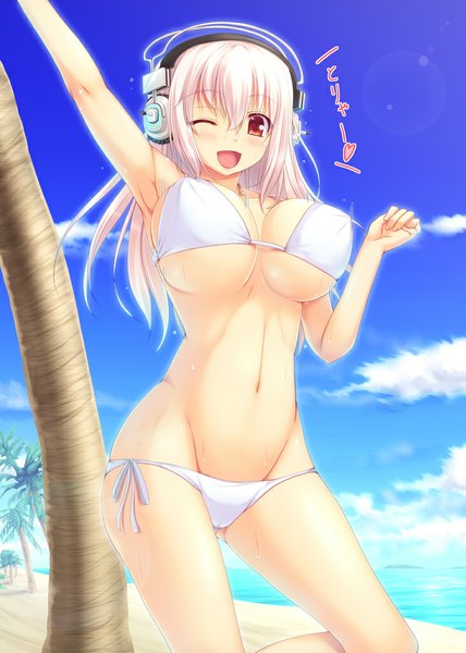 Anime picture 730x1022 with nitroplus super sonico miyai max single long hair tall image looking at viewer blush breasts open mouth light erotic blonde hair red eyes large breasts sky cloud (clouds) one eye closed wink beach girl
