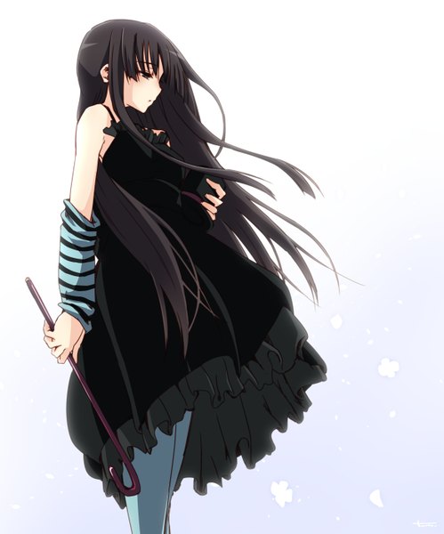Anime picture 2348x2824 with k-on! kyoto animation akiyama mio nitta hiroto single long hair tall image blush fringe highres breasts black hair simple background bare shoulders profile wind black eyes looking down girl dress